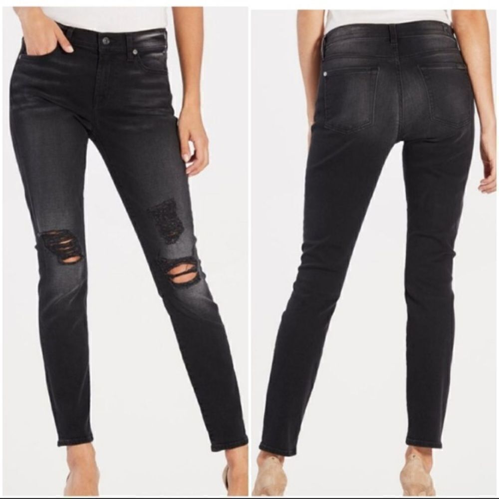 7 For All Mankind-Distress Knee Washed Black Jeans